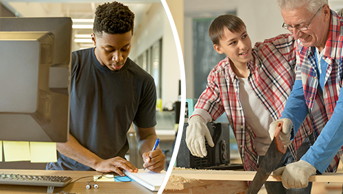 grandparent and grandson carpentry and boy studying